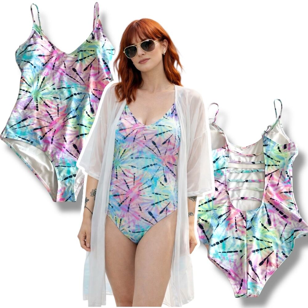 Tie Dye Bathing Suit Large 1-Piece Swim Strappy Back Pastel NEW NWT Bingo Surf